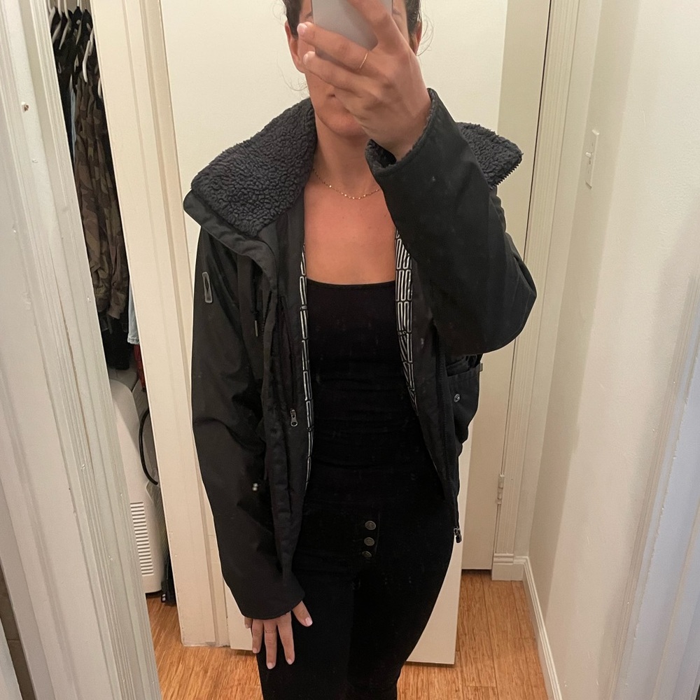 Columbia dark grey bomber jacket with fleece lined collar and hood
